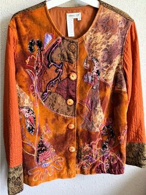 Coldwater Creek Patchwork Embroidered Jacket 2X Boho Artsy Velvet Lace